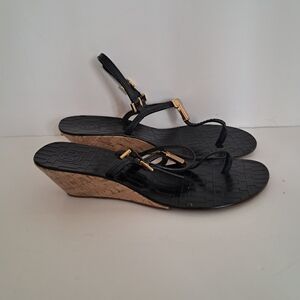 Tory Burch Wedges Women's 8 Pauline Cork Black Leather Summer Designer Classic